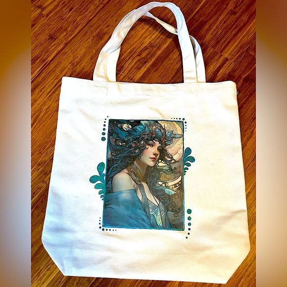 Screen printed, hand painted fairy tote canvas bag